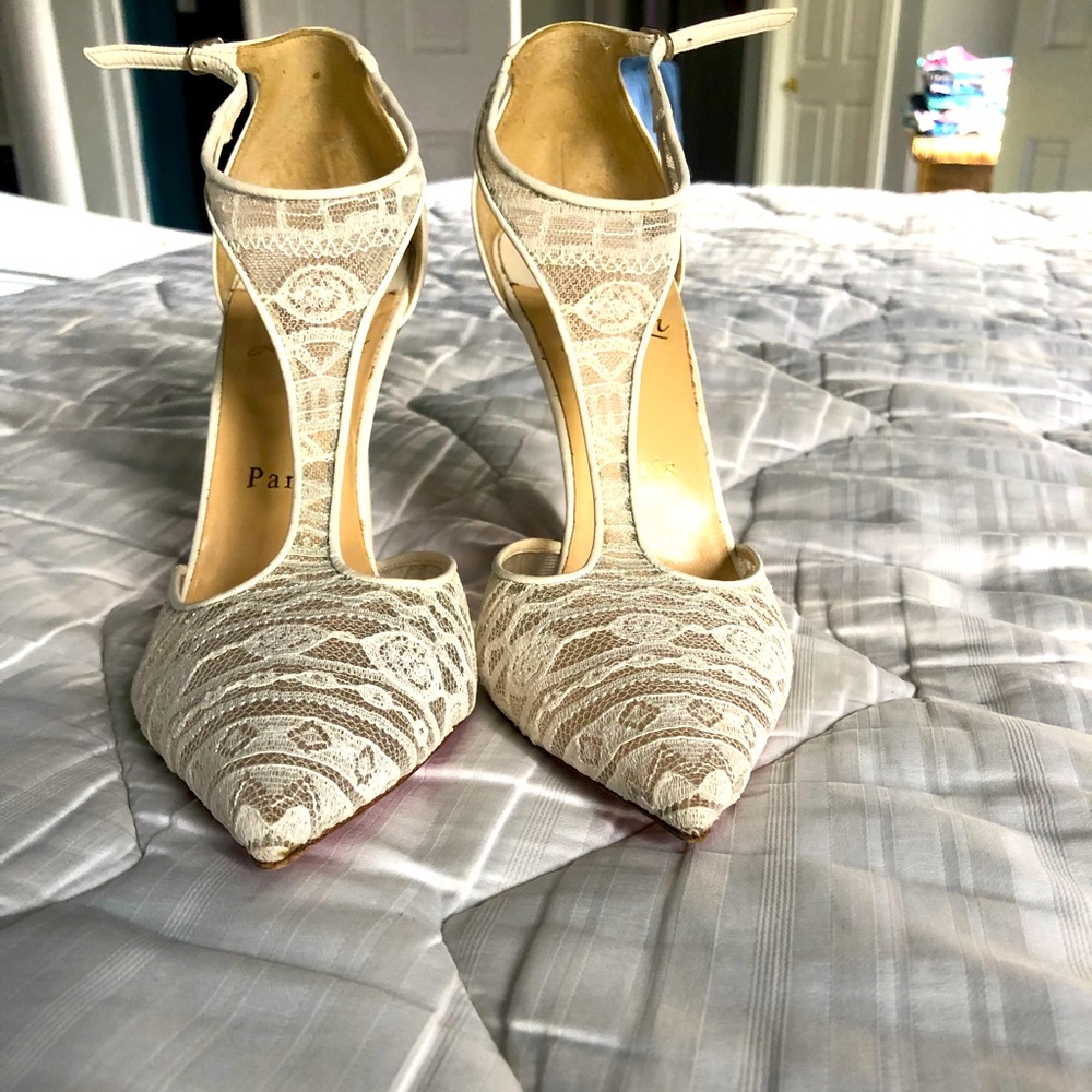 Louboutin! Lace, white, t-strap! Beautiful. Worn once.